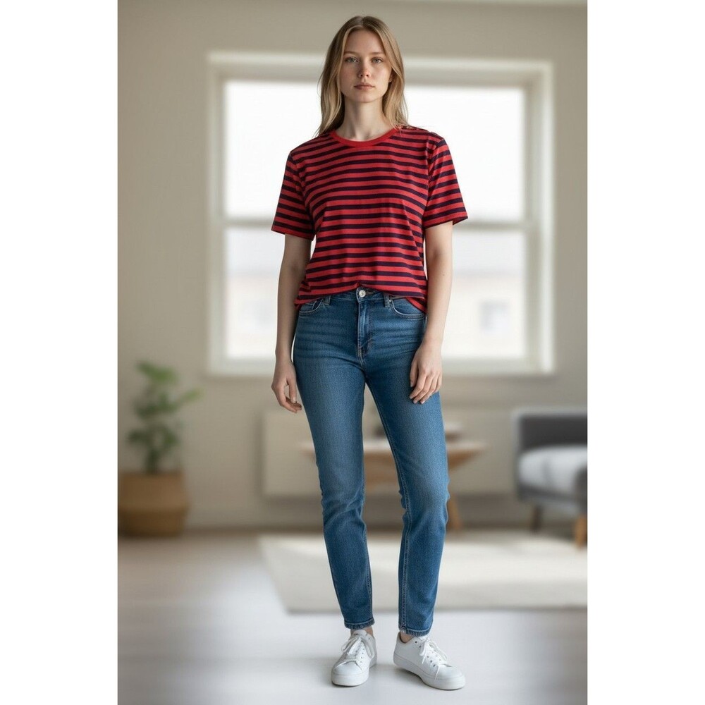 CHAPS Striped Knit Top Women’s L Navy Red Stripes Short Sleeve Pullover